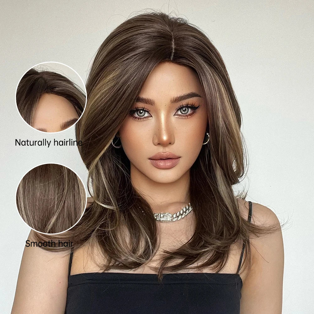 ELEMENT Synthetic Wig Medium Wavy Hair Ombre Brown Blonde Wigs for Women Daily Party Cool Heat Resistant Breathable Headband