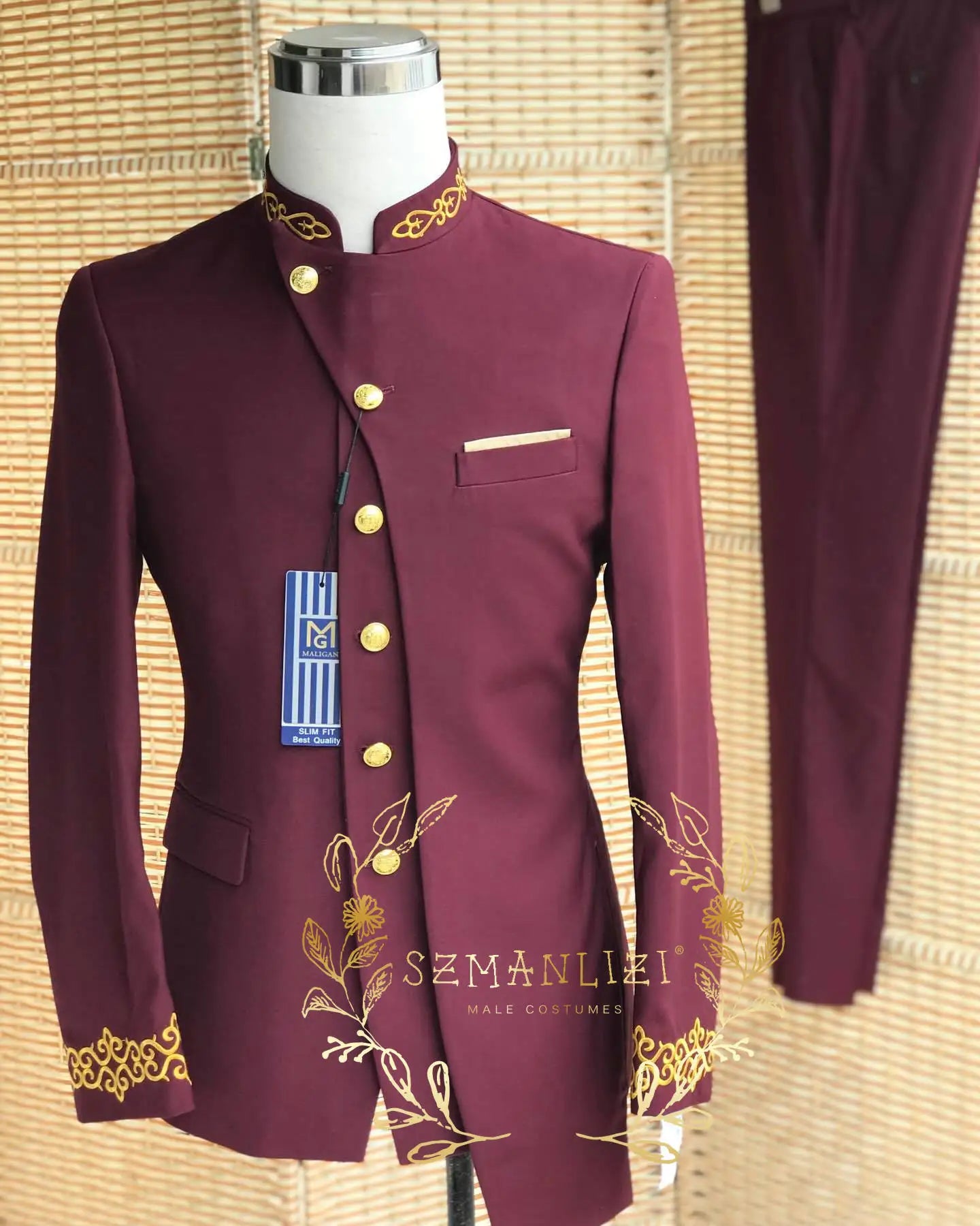 African Stand Collar Black Men Suits Appliques 2 Pieces Blazer+Pants Formal Groomsmen Wedding Tuxedos Costume Homme Mariage