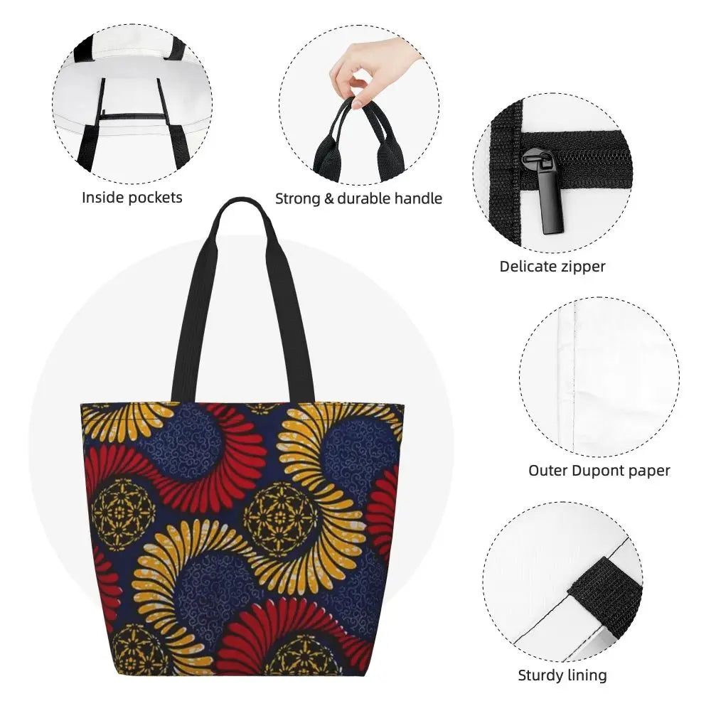 African Ankara Prints Grocery Shopping Tote Bags Women Geometric Ethnic Art Canvas Shoulder Shopper Bags Big Capacity Handbag