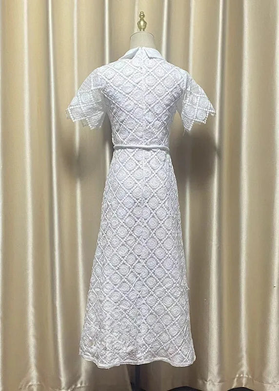 QMQA Fashion Women's Evening Dress Lapel Short Sleeve Lace Patchwork 3D Flower Lace-up Elegant Dresses Spring 2025 New QM269