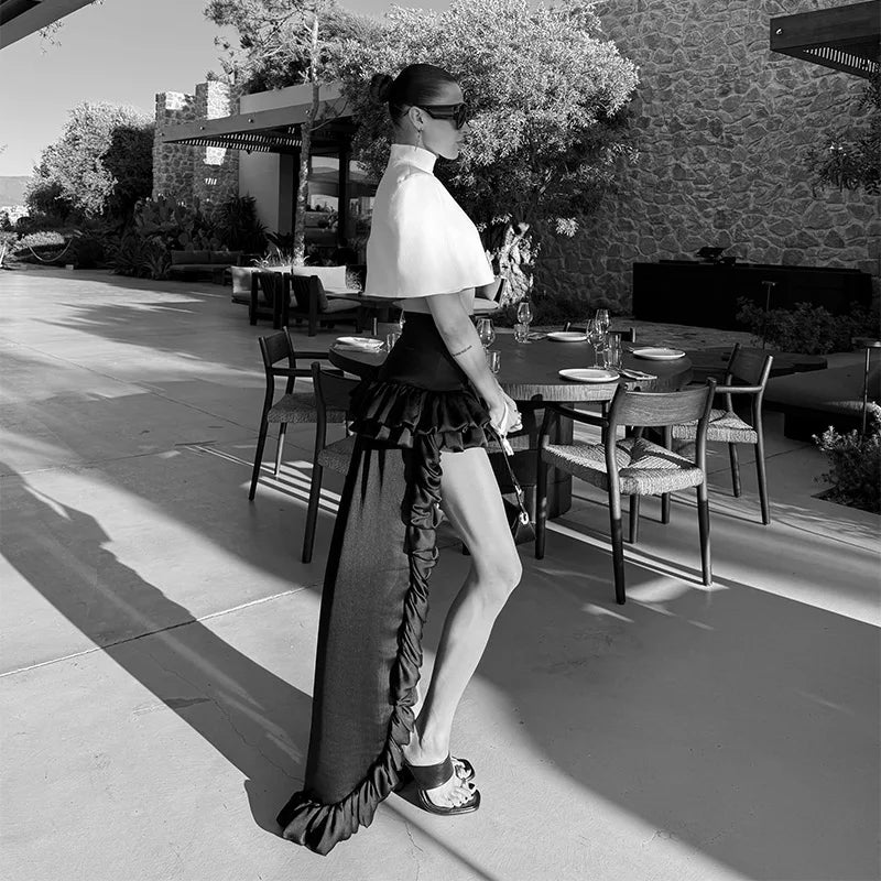 Elegant Stand Collar Women's Cape Skirts Suit Pocket Crop Tops Pleated Mini Skirt Lady Set 2026 Summer Autumn Female Outfits