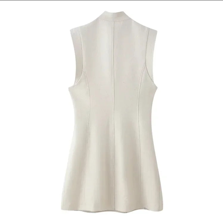 Women Stand Collar Double Breasted Mini Dress Sleeveless Elegant Casual Slim Fit Short Robe Lady Office New Dresses 2026 Summer