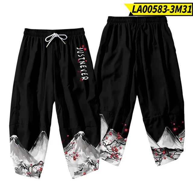 Men Yukata Style Harajuku Cardigan Traditional Japanese Great Wave of Kanagawa Crane Printed Trousers Asian Costume Kimono Pants