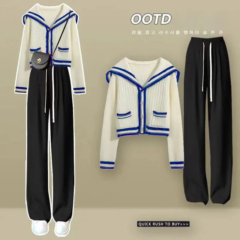 Knitted Spring Preppy Style Sailor Neck Women's Knitted Cardigan Elastic Wide Leg Pants Long Sleeve Korean Sportswear Set