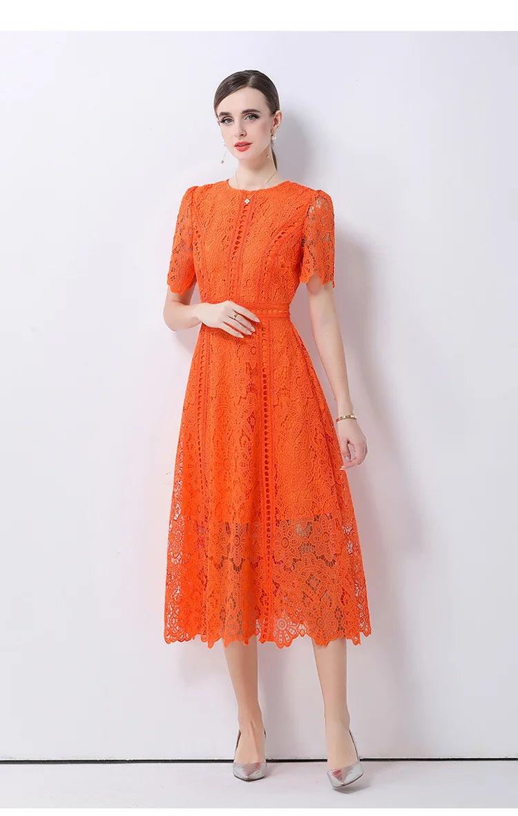 SMTHMA Vintage High-End O-Neck Short Sleeve Lace Hollow Out Dress For Women's Summer Slim Elegant Long Dress Female Clothing