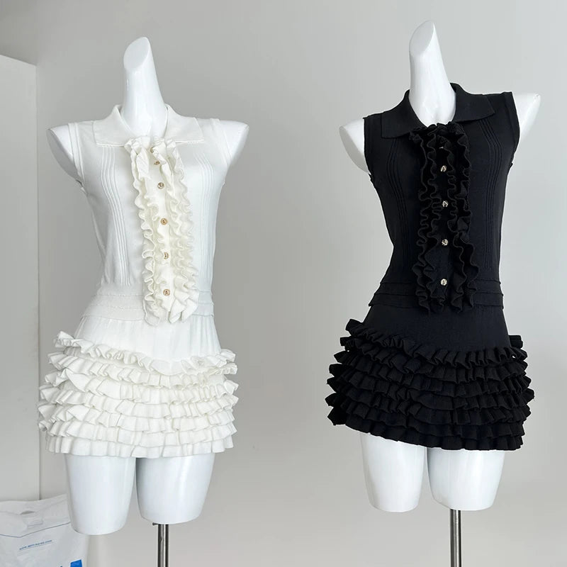 2 Two-Piece Knitted Skirt Sets Stylish Sleeveless Tank Tops and High Waist Layered Mini Skirts Black White Outfits Women Suits