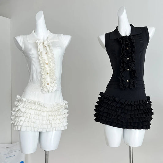 2 Two-Piece Knitted Skirt Sets Stylish Sleeveless Tank Tops and High Waist Layered Mini Skirts Black White Outfits Women Suits