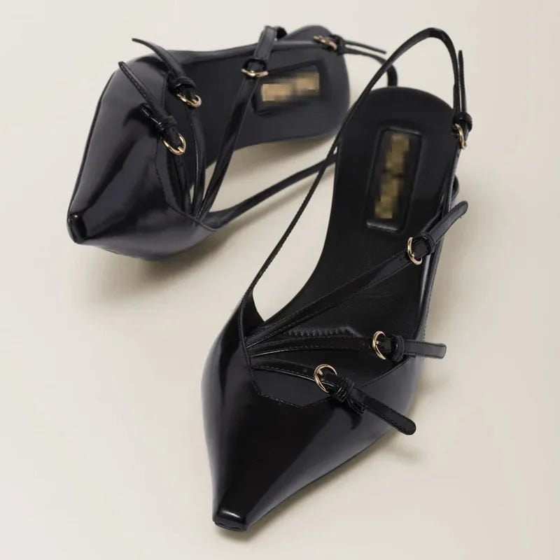 Triple Buckle Sling Back Women Summer Sandals for Women Office Small Square Head High Heels Pointed-toe Back Loop High Heels