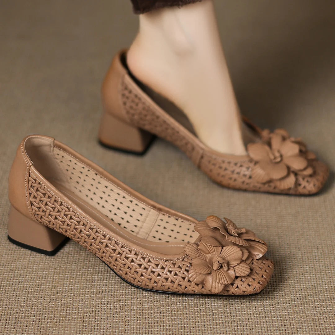 Plus size 41 women's hollow-out sheepskin square toe slip-on pumps 4cm thick med heel elegant ladies flower summer heels sandals