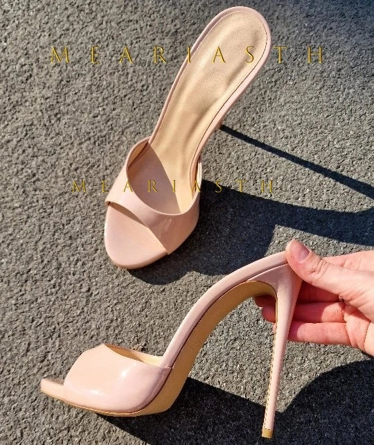 Red Patent Leather Stiletto Slippers Open Toe Solid Sexy High Heels Summer 2025 New Nightclub Outside Plus Size 45 Luxury Shoes