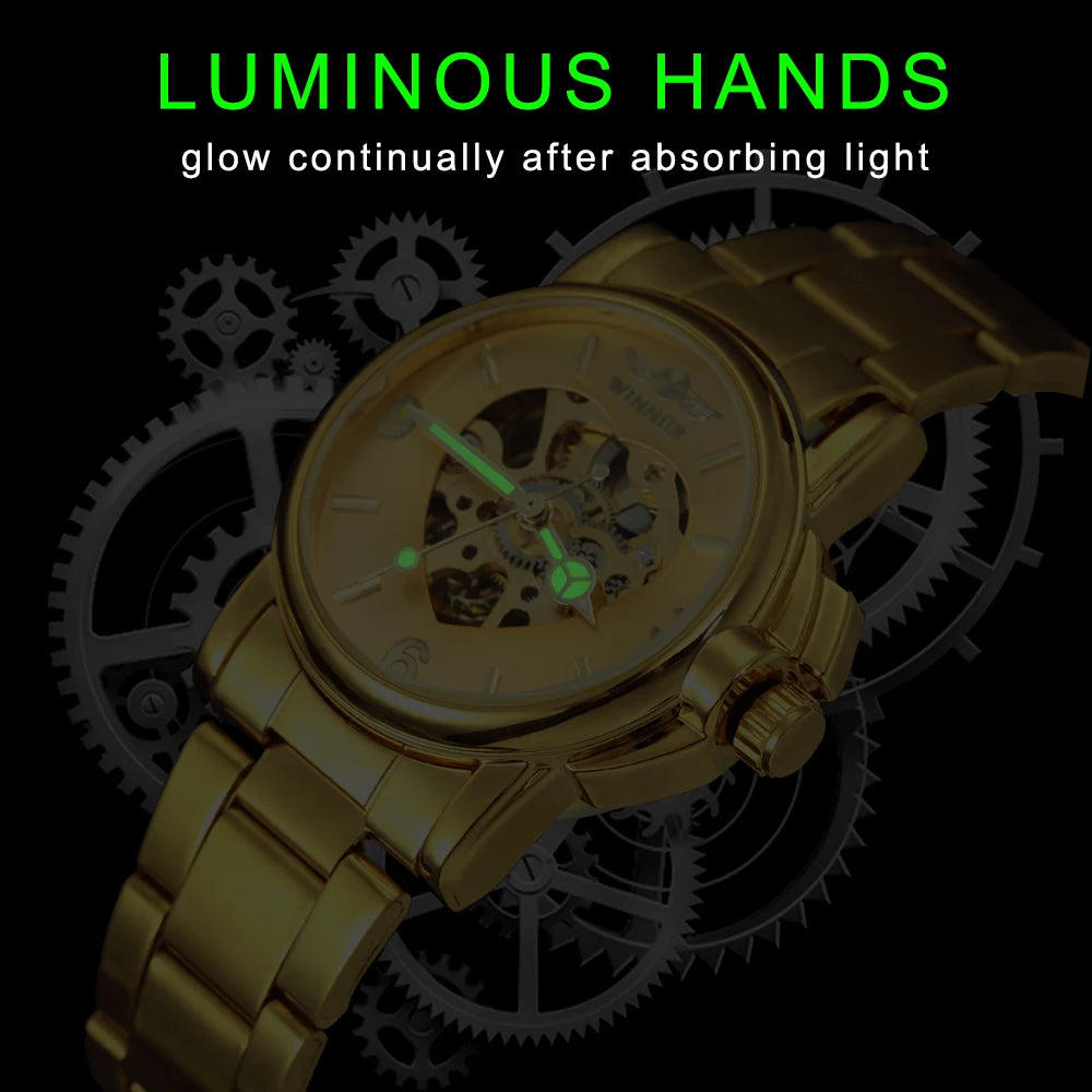 WINNER Fashion Elegant Ladies Watches Top Brand Luxury Skeleton Gold Automatic Mechanical Watch for Women Stainless Steel Strap