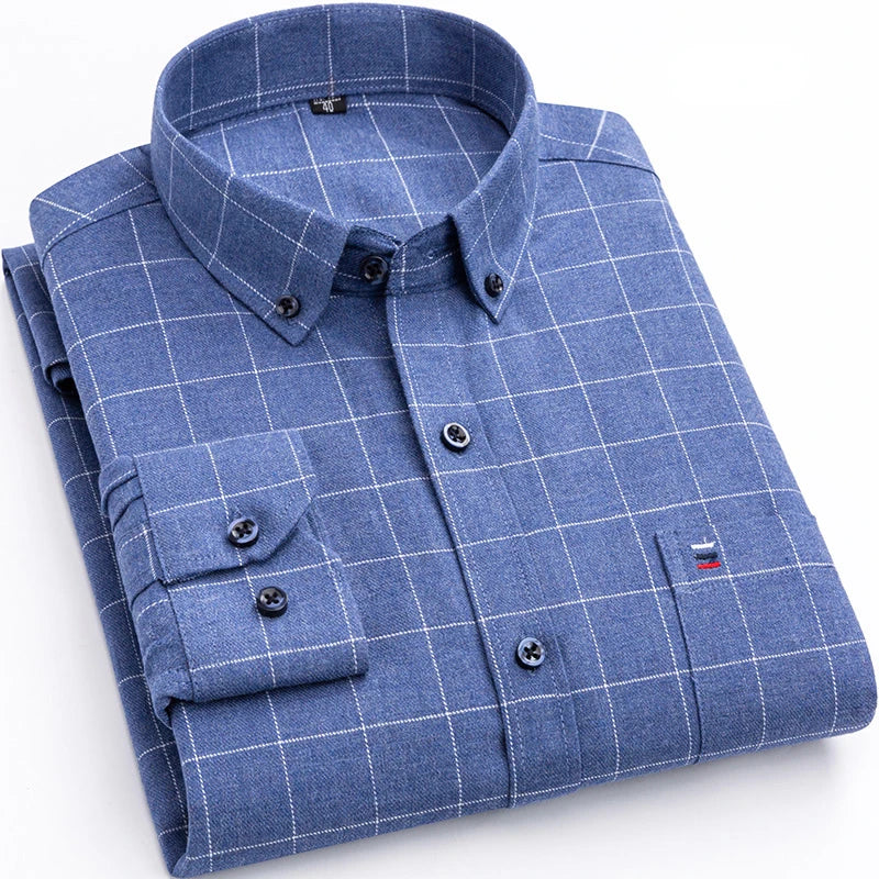 Pure Cotton Men's Plaid Shirt Long Sleeve Regular Fit Men Casual Oversized Shirt Leisure Autumn Male Blouse New Plus Size
