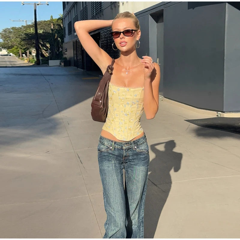 Floral Printed Fish-bone Tank Tops Women's Slim Sleeveless Back Lace-up Waist-cinching Blouses 2026 New Ladies Summer Outfit