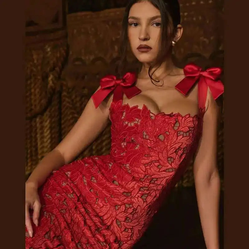 Townlike Hollow Out Slim Bodycon Christmas Dress Women 2024 Summer Dress Bow Embroidery Maxi Long Sexy Party Dresses