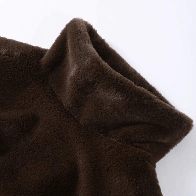Luxury Faux Fur Hooded Pullovers Women's Loose Full Sleeve Stand Collar Pocket Coats 2025 New Autumn Winter Ladies Solid Outwear