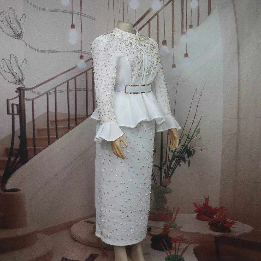 Fashion Suit African Dresses for Woman Rhinestone Turkey Dresses for Women Luxury High Quality Mesh Fabric African Beaded Dress