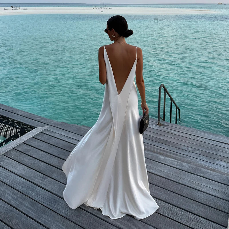Sexy Backless Satin Women's Summer Dress V-neck Sleeveless Backless Slit Beach Sling Sundress 2026 Lady Chic Evening Party Robes