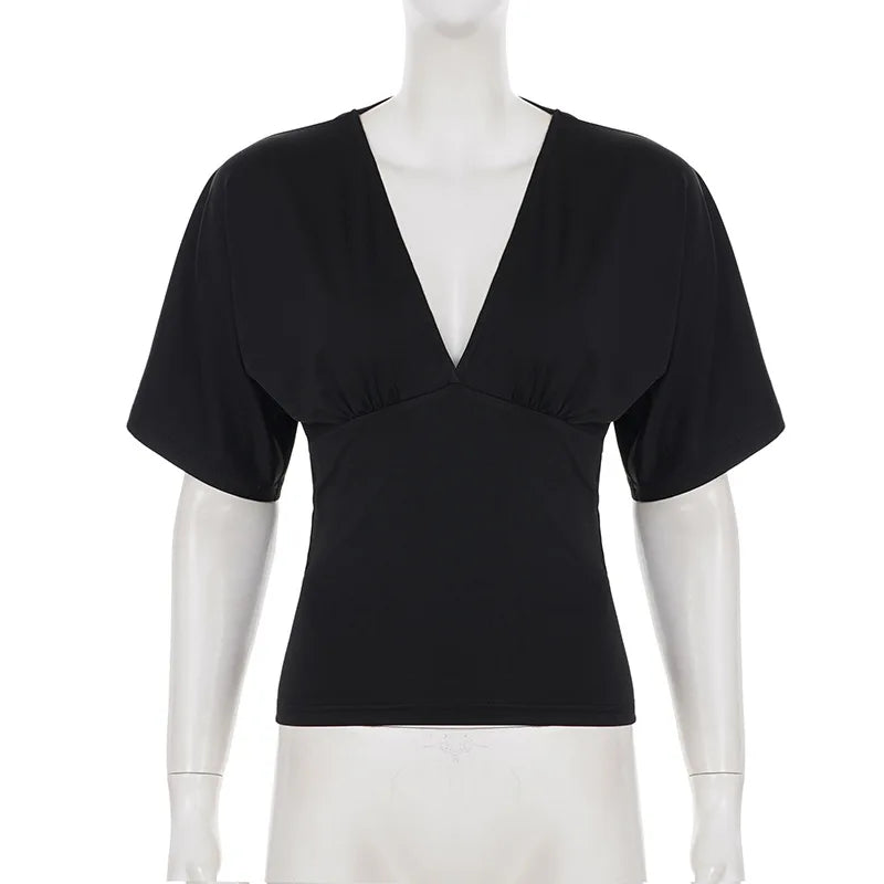 Women's Lace Patchwork Deep V Neck Tie Up Slim Fit Half Sleeve T-Shirt Crop Top