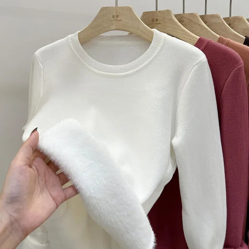 Women's O-neck Velvet Thicken Sweaters Winter Slim Warm Long Sleeve Knitted Tops Casual Plush Fleece Lined Soft Pullovers Ladies