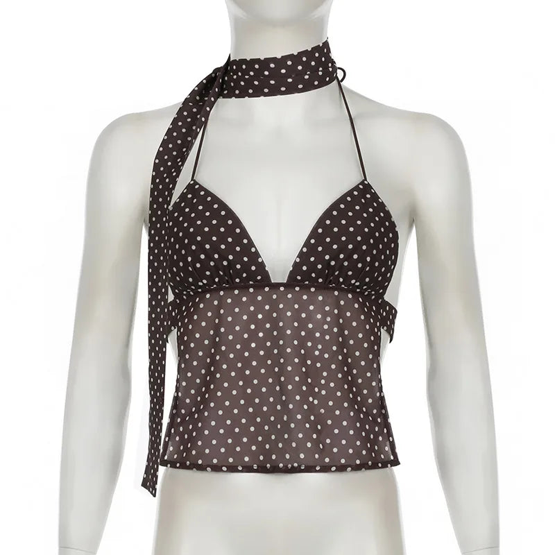 Summer Y2K Women's Polka Dot Print Sleeveless Vest Vintage Camisole with Spaghetti Strap Scarf Streetwear Top