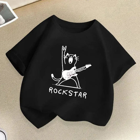Funny Rock Star with Music Cat Children T-Shirts Summer Hip Hop Kids T-shirt Boys Girls Casual Fashion Colorful Top Tee Shirt