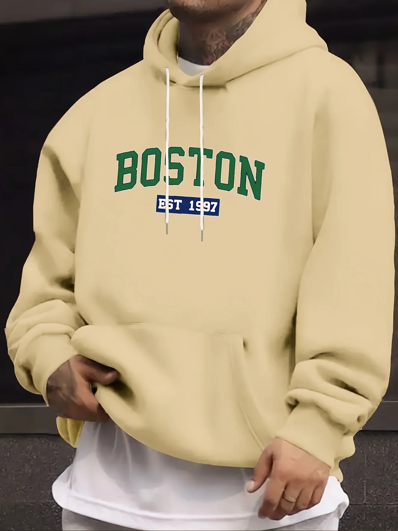 Men's autumn and winter casual fashion loose Boston est 1997 letter printed long sleeved warm hooded pullover