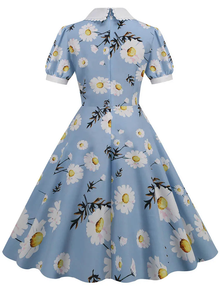 Women Vintage Dress Floral Print Peter pan Collar Elegant Party Dress Puff Short Sleeve Pin Up 50s Party Sundress 3XL