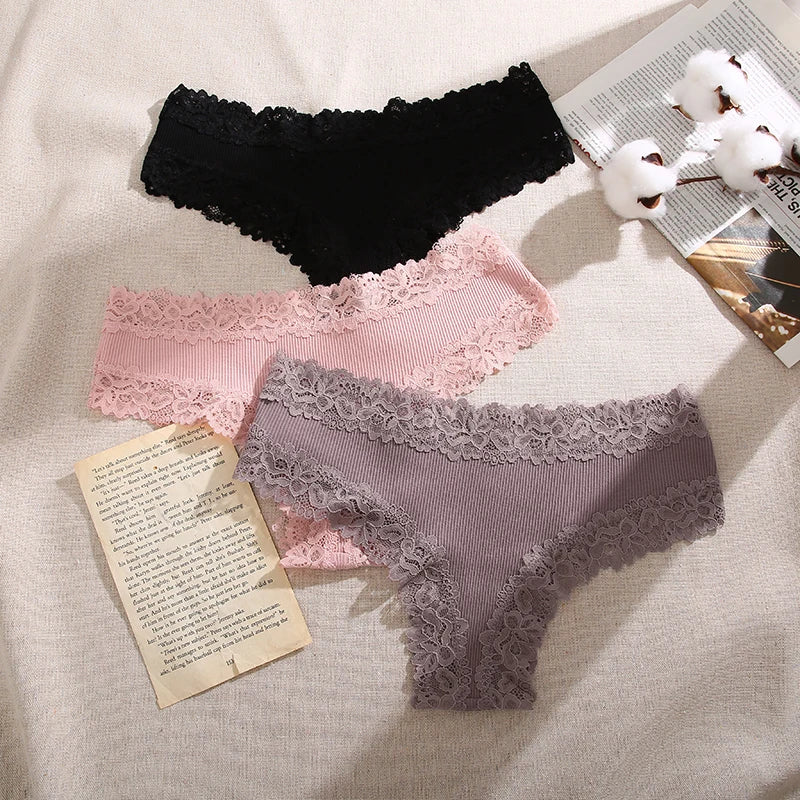 Lace Seamless Brazilian Panties Ribbed Cotton Low Waist Women's Panties Breathable Girls Underwear Plus Size Lingerie S-XL
