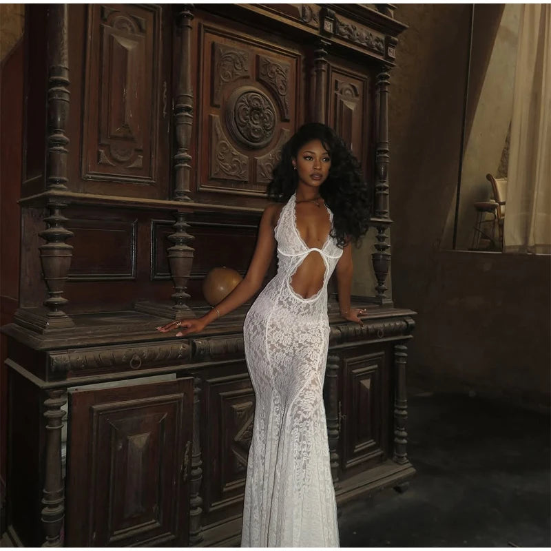 Solid Lace Halter Maxi Dress Sexy Cutout Waist Sheer Slim Fit Fishtail Long Gowns Women's Summer Evening Party Robes 2026 New