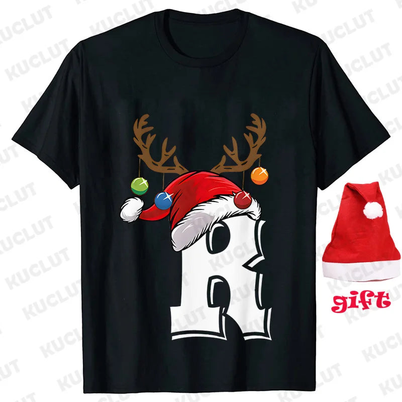 Funny Christmas Party Tshirt Fashion Women T Shirt Tops Short Sleeves T-shirt 26 A~Z Alphabet Casual Tees with Santa Hat Gift