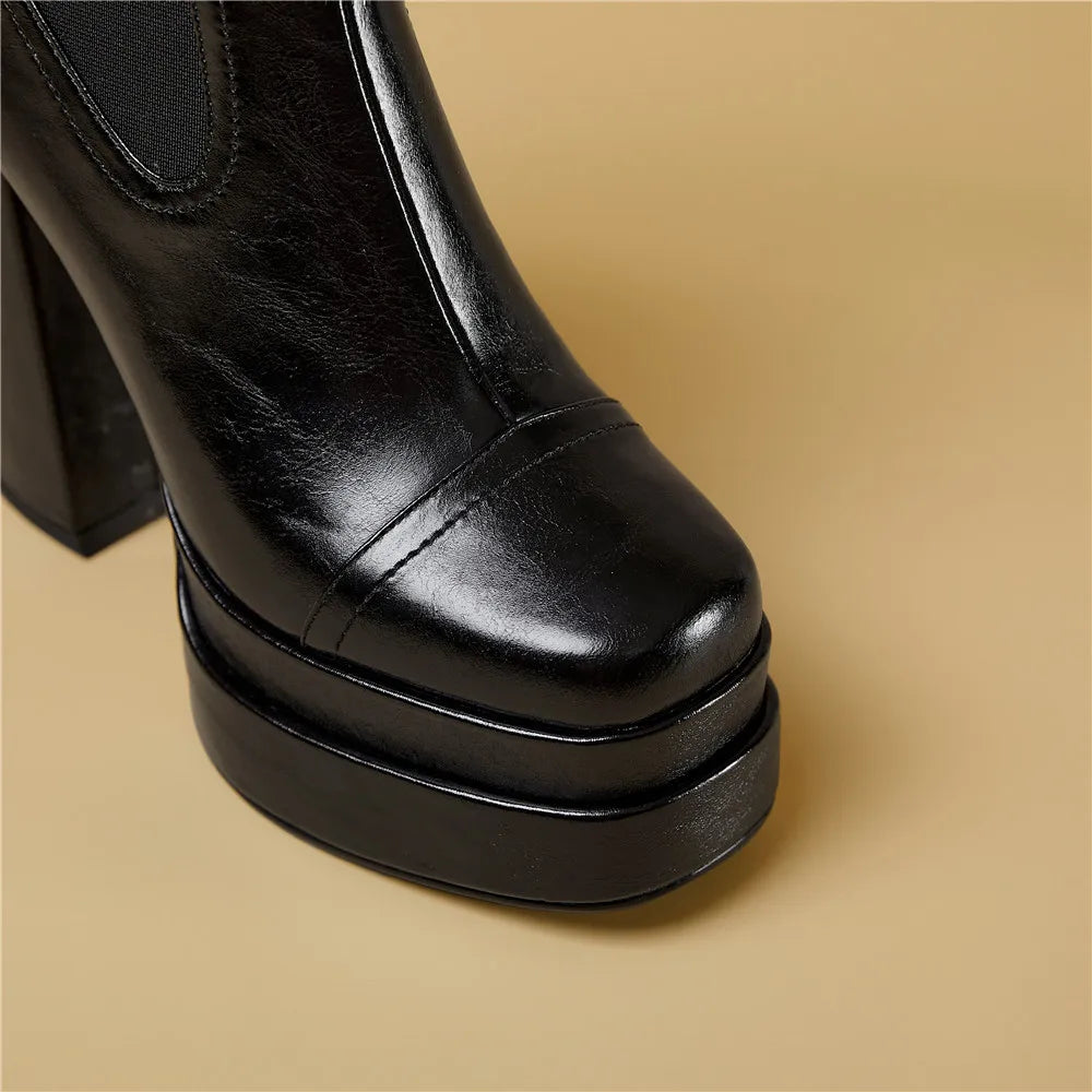 Aucegi Women Genuine Leather Back Zipper Ankle Boots Fashion Square Toe Platform Thick High Heels Party All Match Casual Shoes