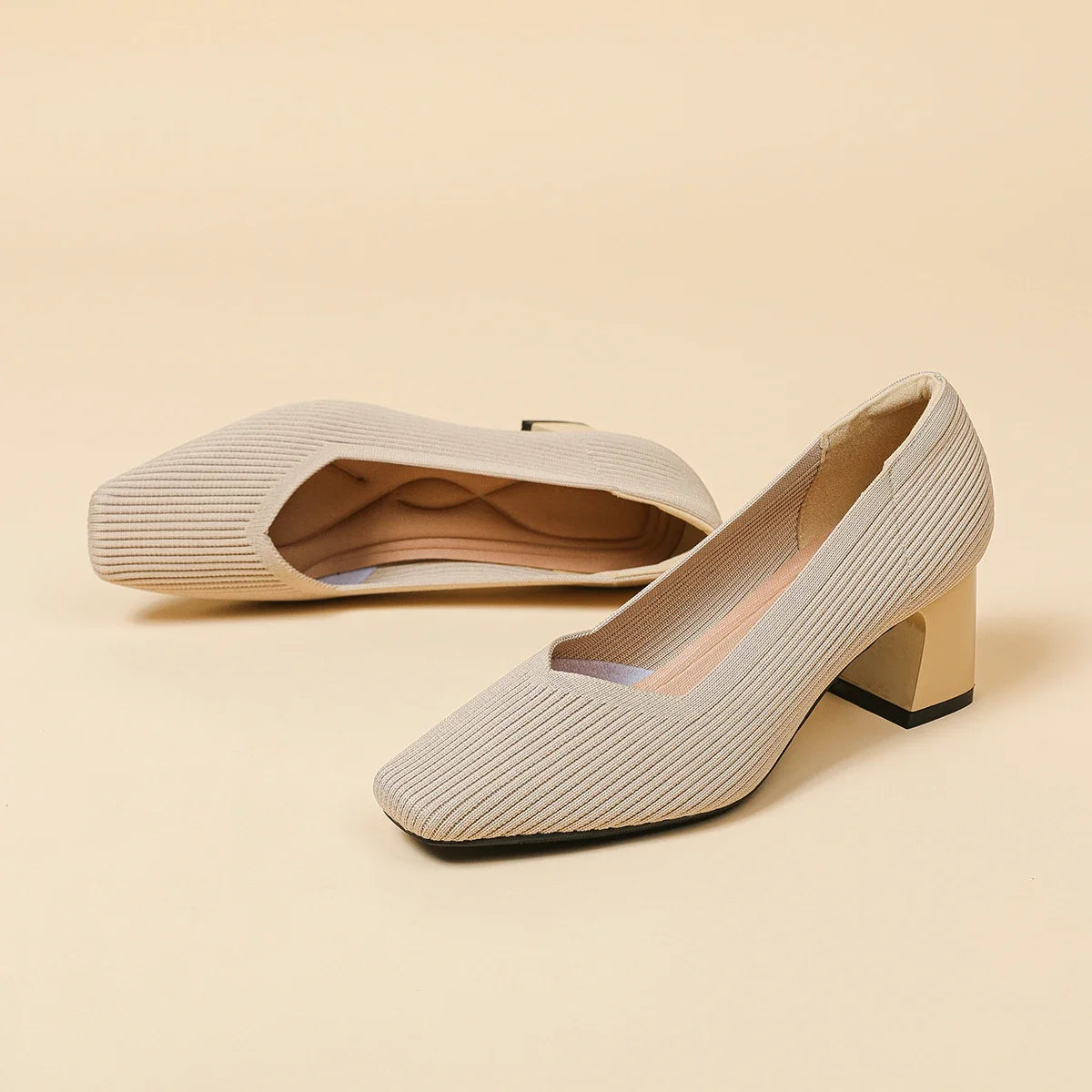 Shoes Woman High Heels Comfortable Square Knitted Breathable Comfortable Women's Flats Shoes (5cm High) 2025 New Collection