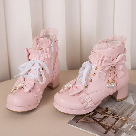 Lolita Great Quality Block High Heels Women Ankle Boots White Shoes Lace Decor Lace Up Chunky Heeled Bow Boots for Women Verclo