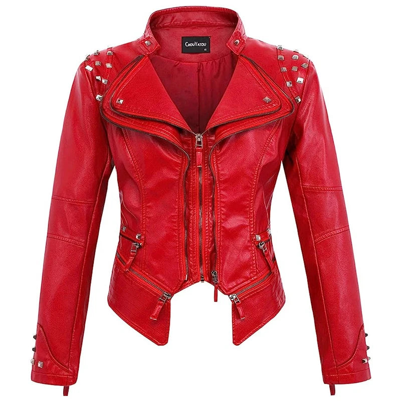 2025 Spring Women PU Leather Jacket With Suit Collar And Rivet Waist