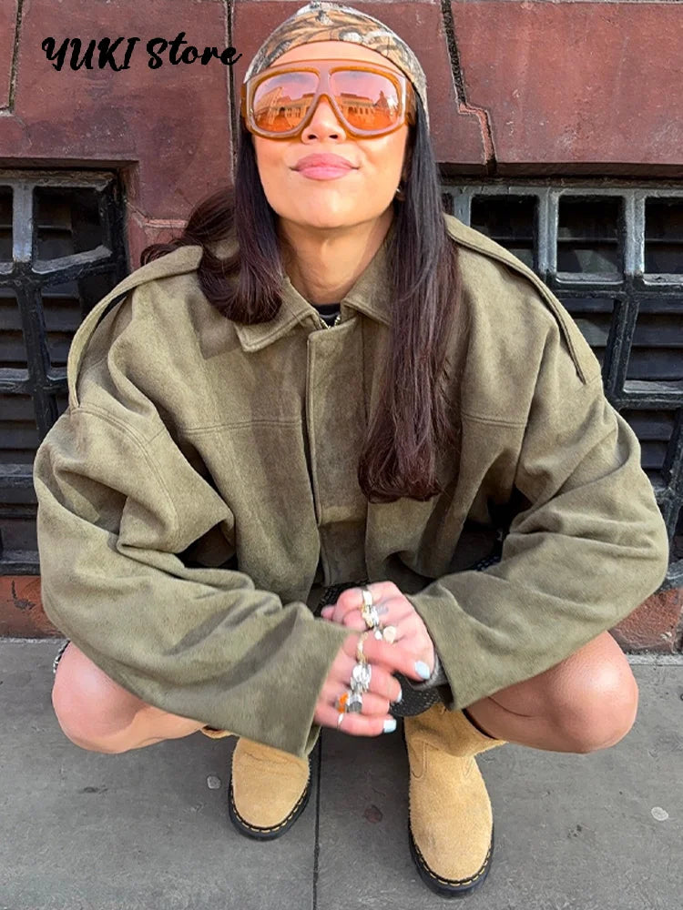 Fashion Suede Green Jackets Coat Women Lapel Full Sleeve Zipper Bomber Coats 2026 Spring New Loose Lady Street Solid Outwears