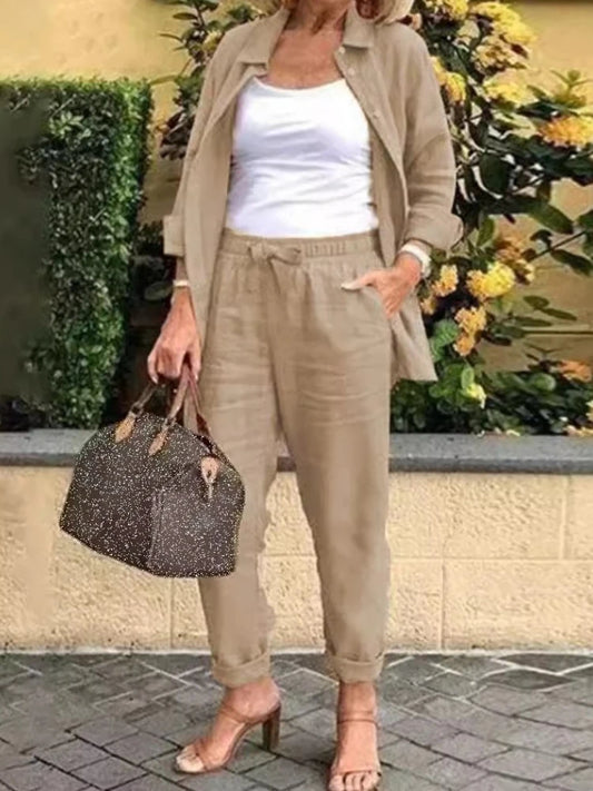 Cotton Linen Set Women Spring Summer Loose Oversize Long Sleeve Shirt Long Pants 2 Piece Sets Casual Office Ladies Trousers Suit