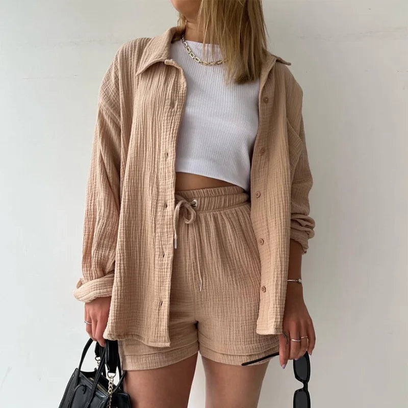 Casual Sleepwear 100% Cotton Pajamas For Women Sets Suit Turn-Down Collar Nine Quarter Sleeve Sleep Tops Shorts Female Homewear