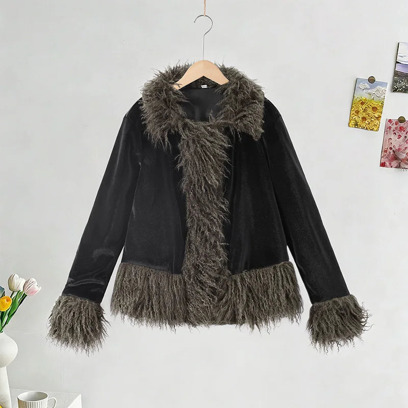 Vintage Patchwork Women's Faux Fur Trim Coat Urban Lapel Full Sleeve Female Jacket Female 2026 Autumn Winter Lady Streetwear New