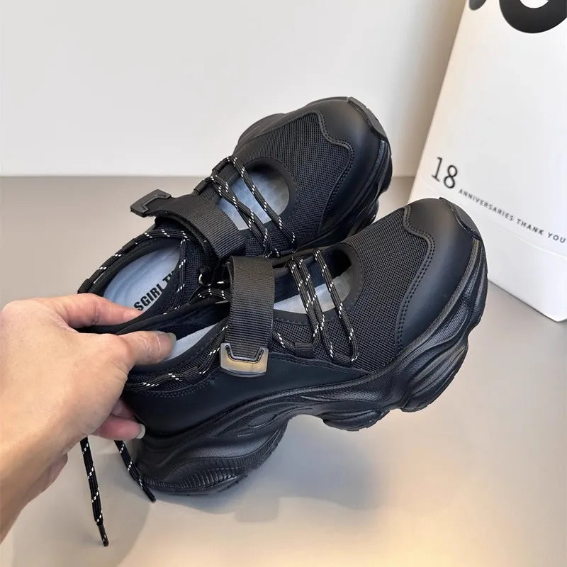 Women's Breathable Mesh Hollow Out Thick Bottom Casual Sports Shoes Thin Mary Jane Shoes Magic Tape Leisure Sports Shoes