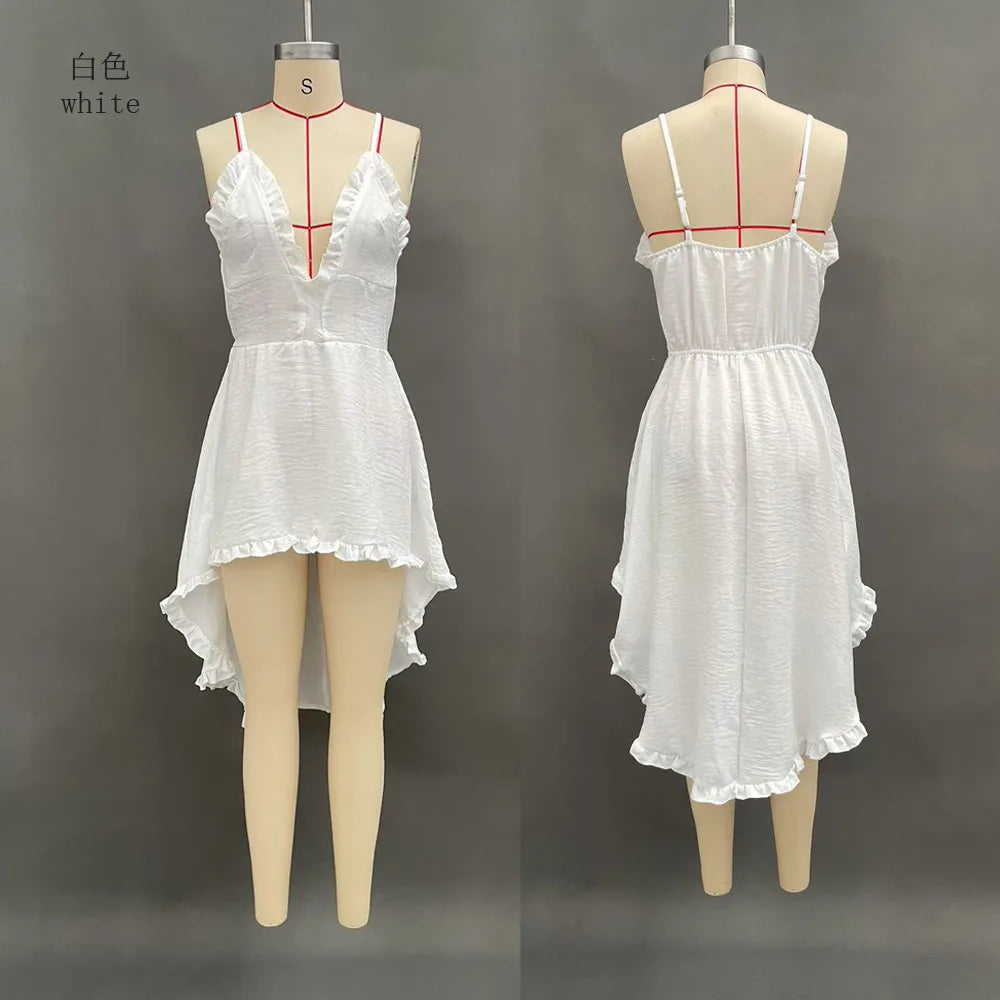 Sexy Style Summer Suspender Solid Color Dress Women's New Off-the-shoulder V-neck Beach Irregular Lace Casual Dress Commuting