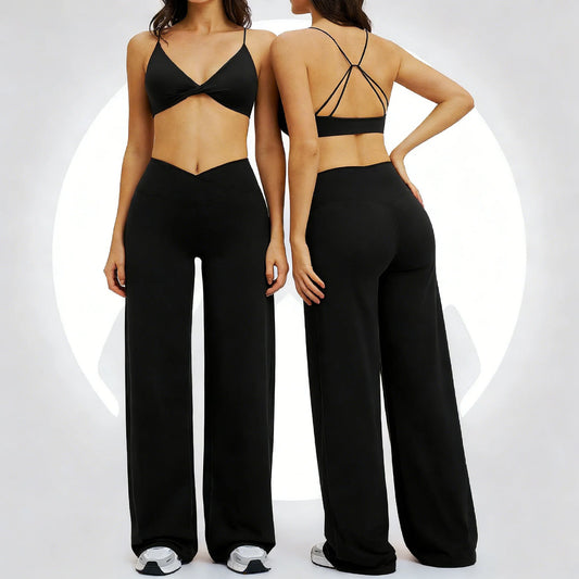 Yoga Set - Backless Bra + Cross Waist Wide Leg Pants Fitness Suit, Jogging Tracksuit Active Wear Workout Loungewear Sports Gym