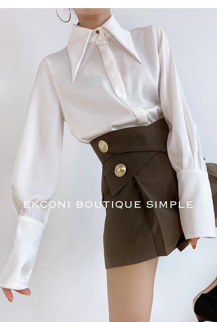 Stylish Elegant Turn Down Collar White Long Sleeve Satin Shirts Fashion Woman Vintage Blouse 2024 Office Lady Tops Blusas 16946