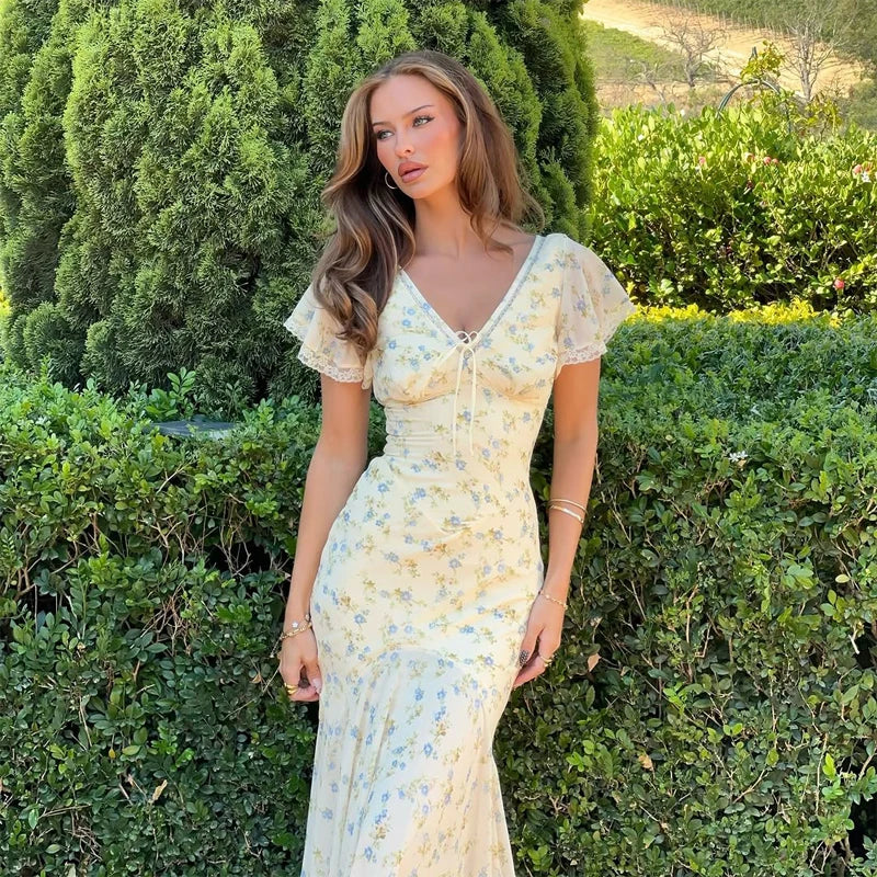 Vintage Print High Neck Midi Dress Belted Waist Bell Sleeve Flared Hem 2026 Summer Spring Chic Women Elegant Wedding Guest Gown