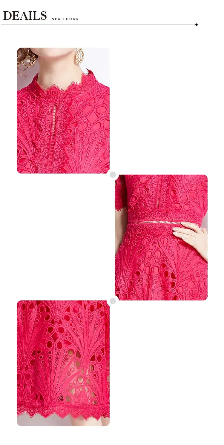 SMTHMA Vintage High-End O-Neck Short Sleeve Lace Hollow Out Dress For Women's Summer Slim Elegant Long Dress Female Clothing