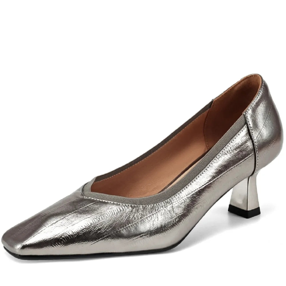 【JOCHEBED HU】Brand Genuine Leather Square Toe Women Pumps Slip Mid Heels Solid Color Dress Party Spring Autumn Shoes Handmade