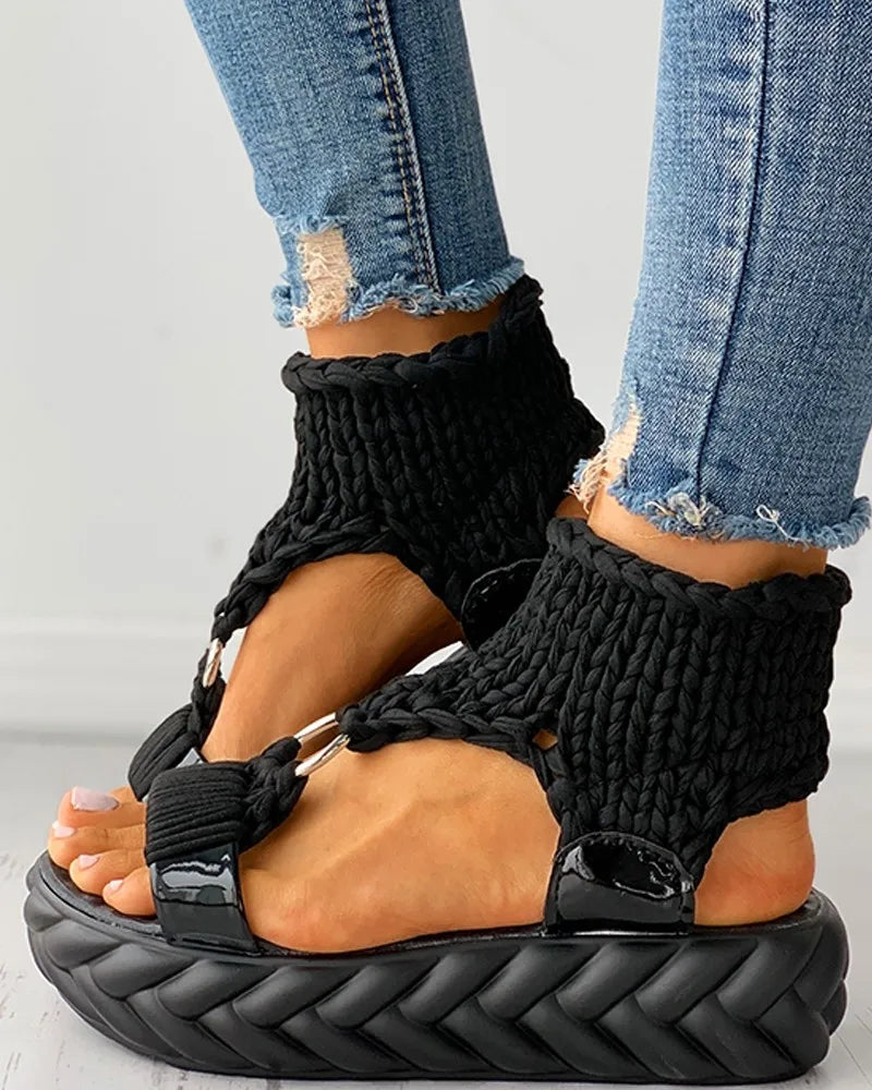 Sandals Women's Braided Knit O-Ring Cutout Platform Summer Gladiator Sandals Shoes Thick Heels Ladies White Sandalias Casual