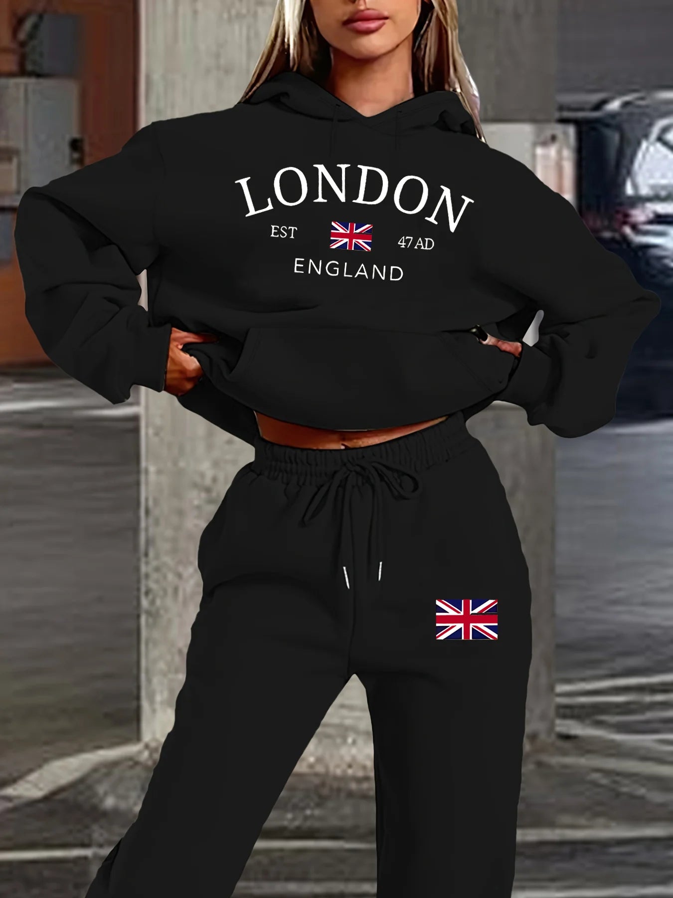 Women's autumn and winter fashion casual London England pattern print with thick fleece warm hooded sweatshirt+sports pants set BAZAARHUBO