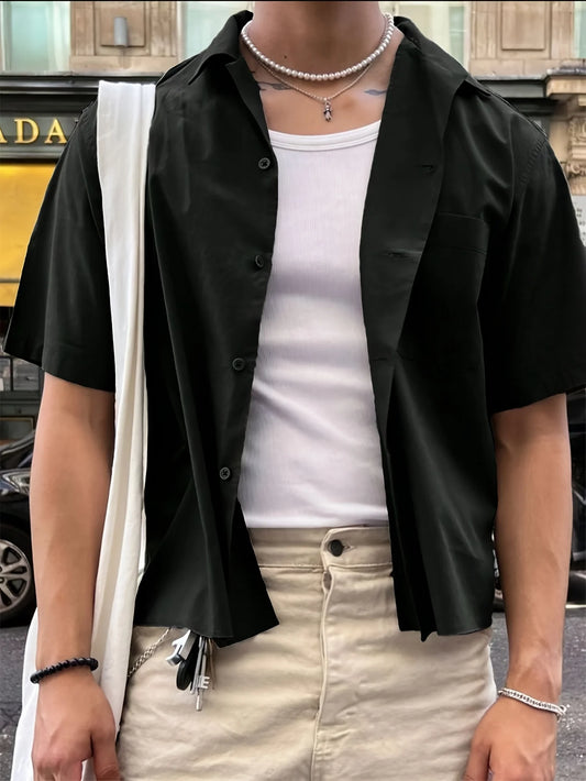[Minimalist Academy Style Short Sleeve Crop Shirt] Men's short casual comfortable solid color short sleeve polo shirt, suitable