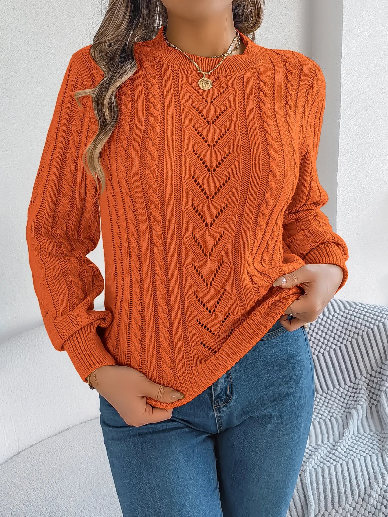 Autumn and Winter Casual Solid Color O-Neck Hollow Out Long Sleeved Pullover Sweater BAZAARHUBO