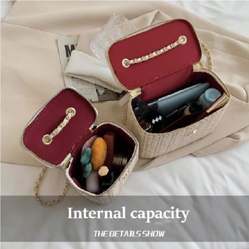 2023 Mini Straw Bucket Crossbody bag For Women Summer Weave Women's Brand Handbags And Purses Fashion Chain Simple Shoulder Bags